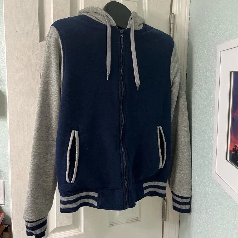 Dusted Varsity Navy and Gray Zip-Up, Size Small Hoodie